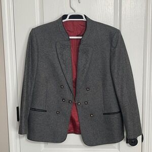 Vintage Alpino Horn Traditional Loden Trachtenmode Blazer Jacket Gray Red Lined